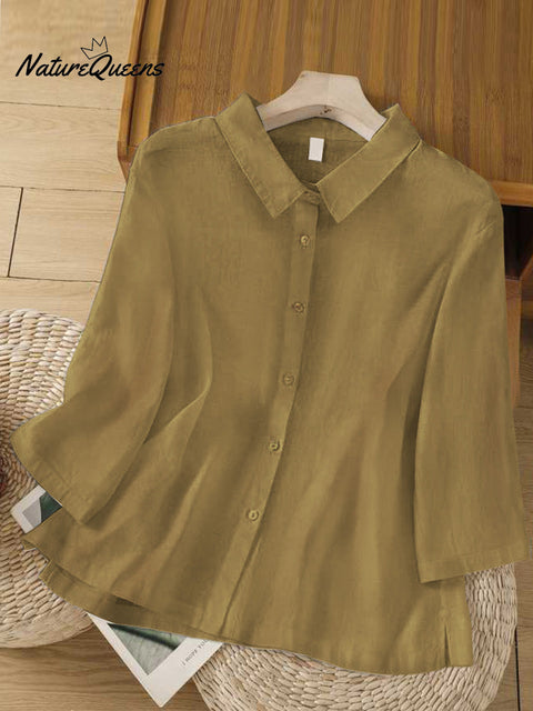 Women's  Solid Color Lapel 3/4 Sleeves Casual Linen Shirt