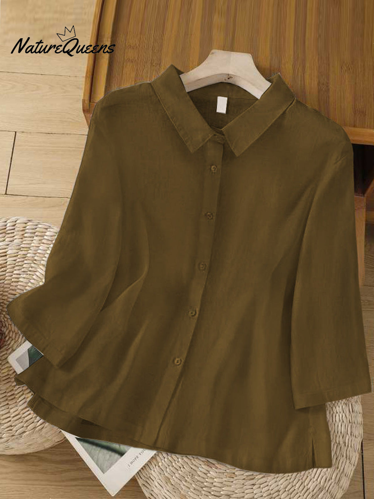 Women'sSolid Color Lapel 3/4 Sleeves Casual Linen Shirt