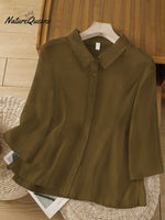 Women'sSolid Color Lapel 3/4 Sleeves Casual Linen Shirt