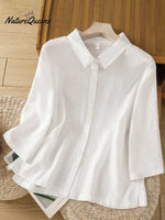 Women'sSolid Color Lapel 3/4 Sleeves Casual Linen Shirt