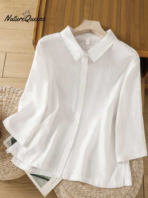 Women's  Solid Color Lapel 3/4 Sleeves Casual Linen Shirt