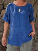 Ladies Round Neck Solid Color Casual Cotton and Linen Short Sleeve Shirt
