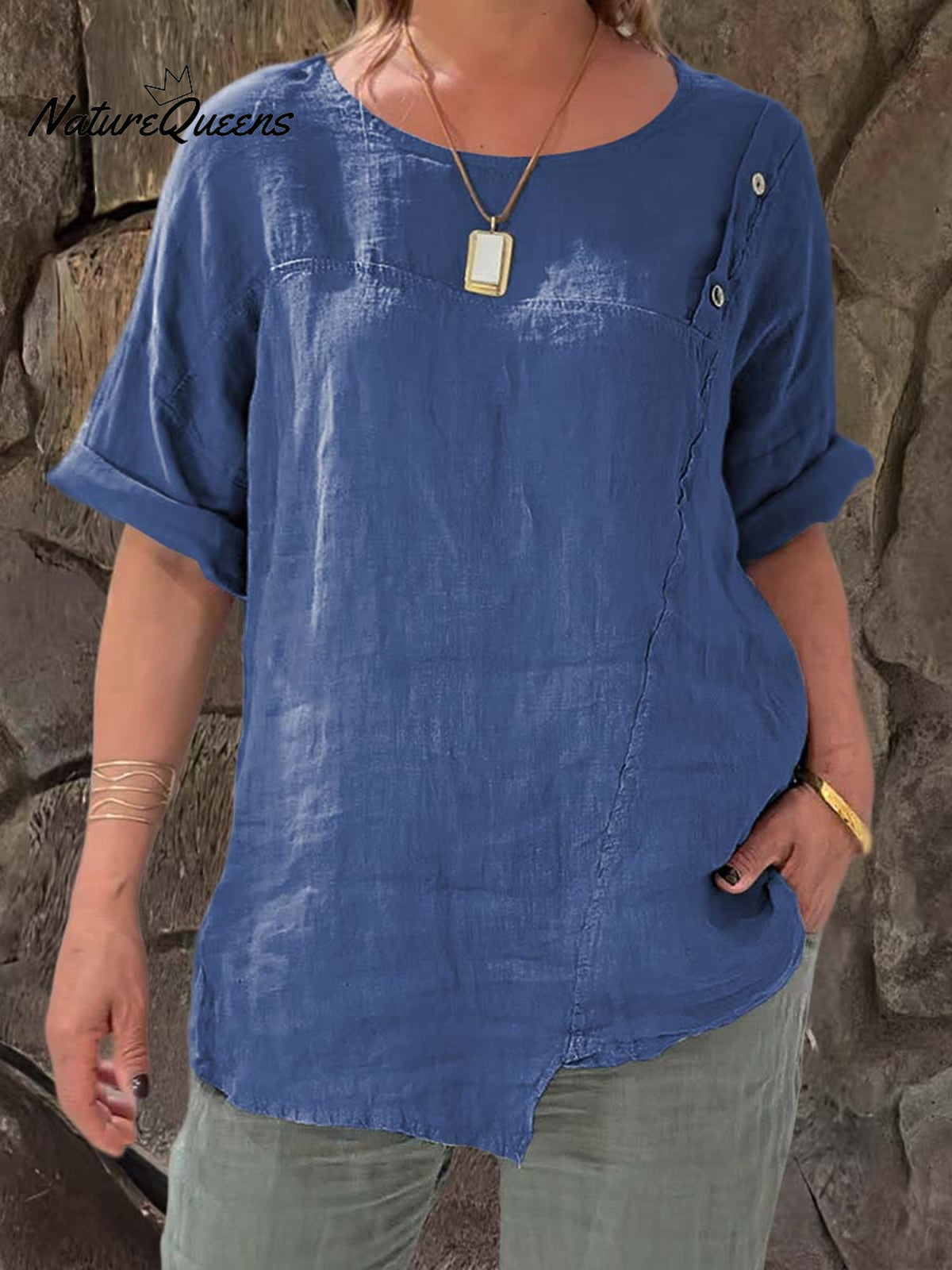 Ladies Round Neck Solid Color Casual Cotton and Linen Short Sleeve Shirt