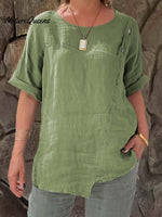 Ladies Round Neck Solid Color Casual Cotton and Linen Short Sleeve Shirt