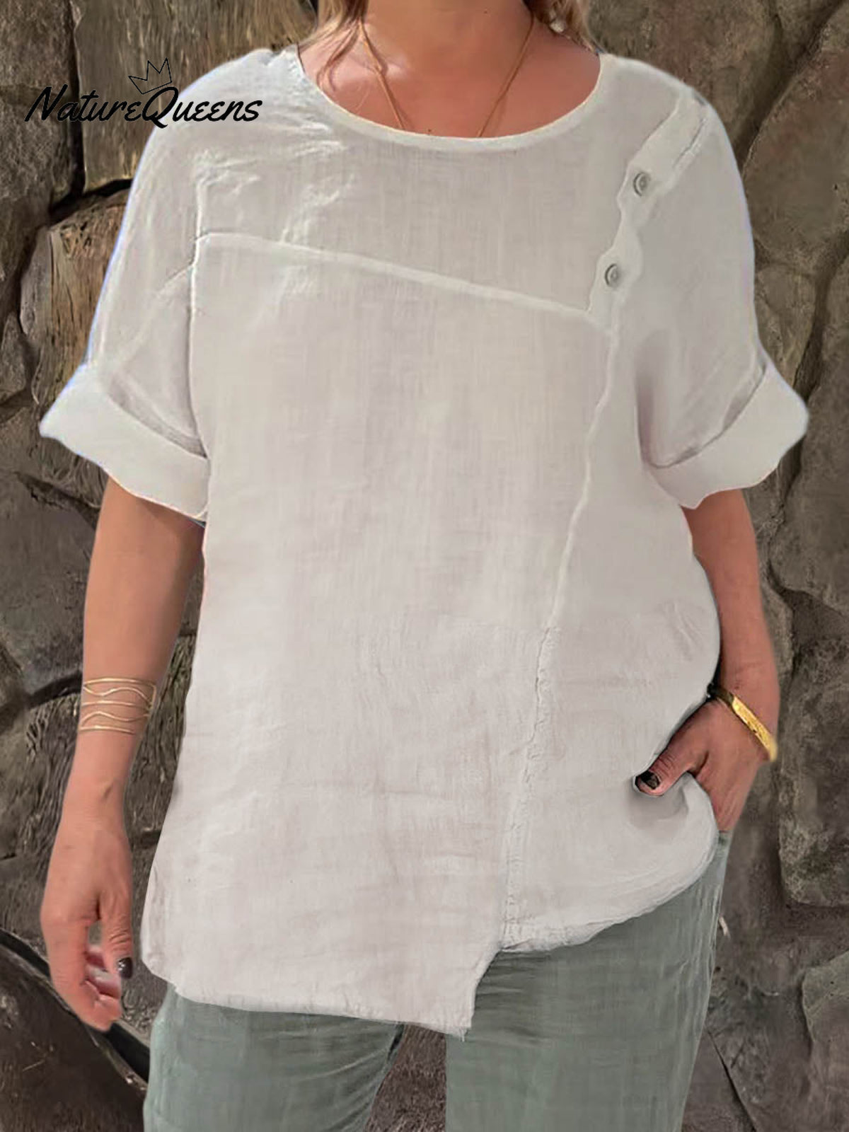 Ladies Round Neck Solid Color Casual Cotton and Linen Short Sleeve Shirt
