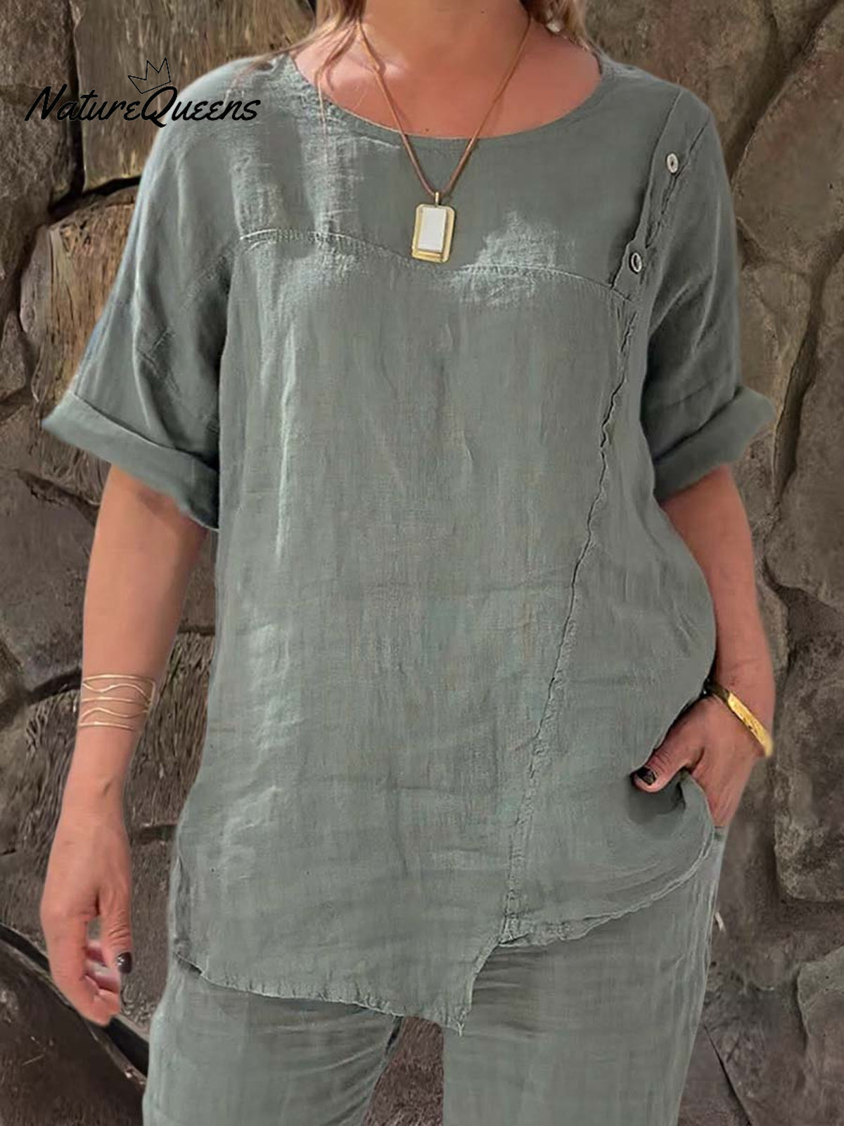 Ladies Round Neck Solid Color Casual Cotton and Linen Short Sleeve Shirt