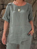 Ladies Round Neck Solid Color Casual Cotton and Linen Short Sleeve Shirt