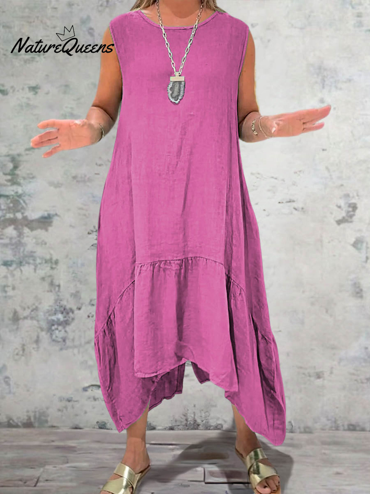 Women's Round Neck Solid Pocket Sleeveless Linen Dress