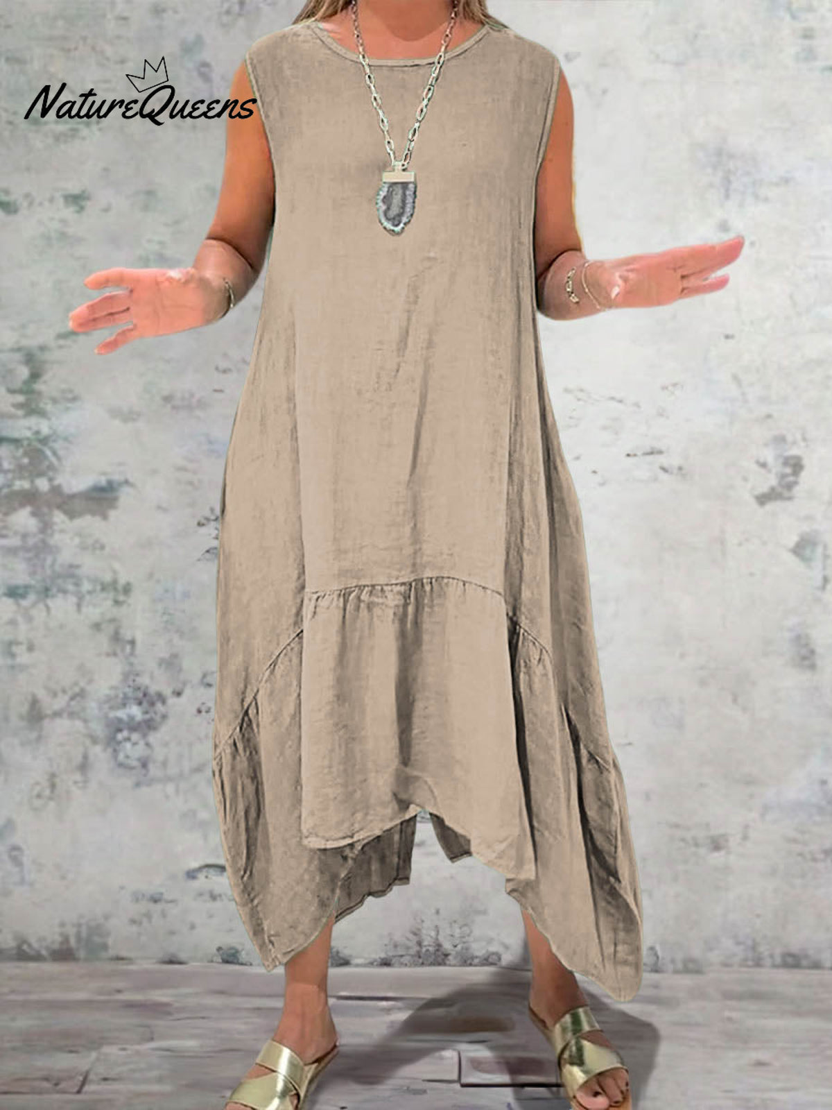 Women's Round Neck Solid Pocket Sleeveless Linen Dress