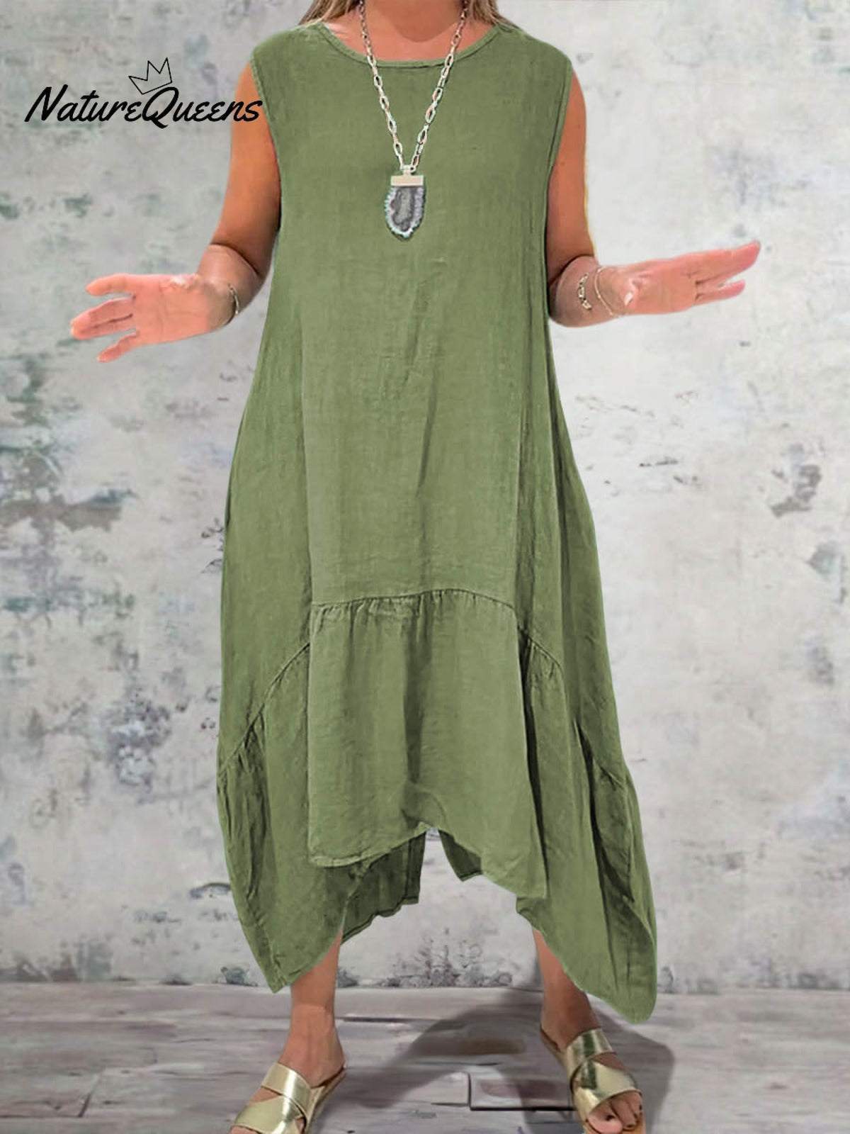 Women's Round Neck Solid Pocket Sleeveless Linen Dress