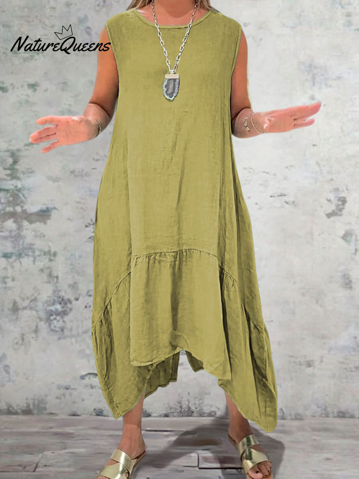 Women's Round Neck Solid Pocket Sleeveless Linen Dress