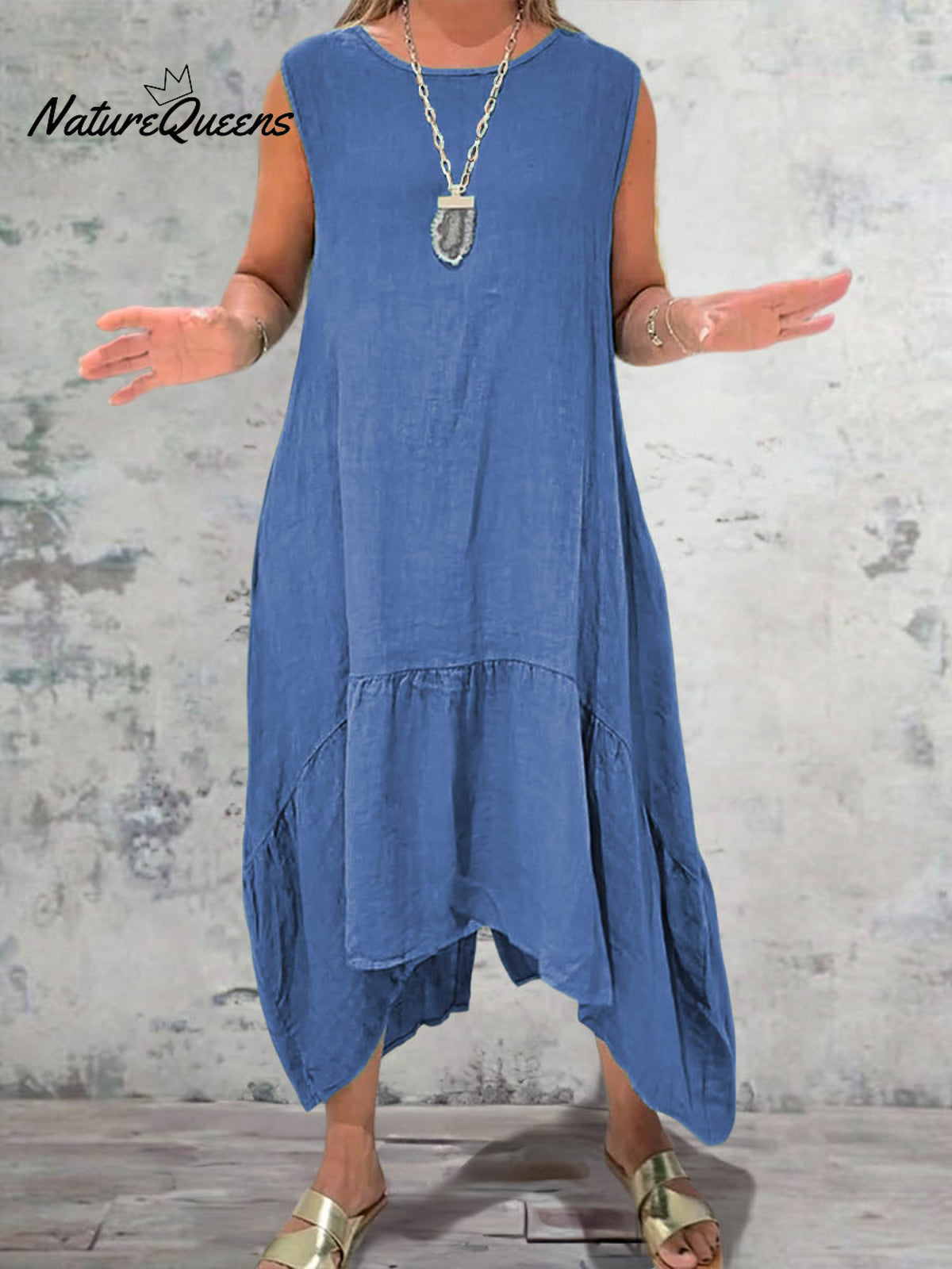 Women's Round Neck Solid Pocket Sleeveless Linen Dress