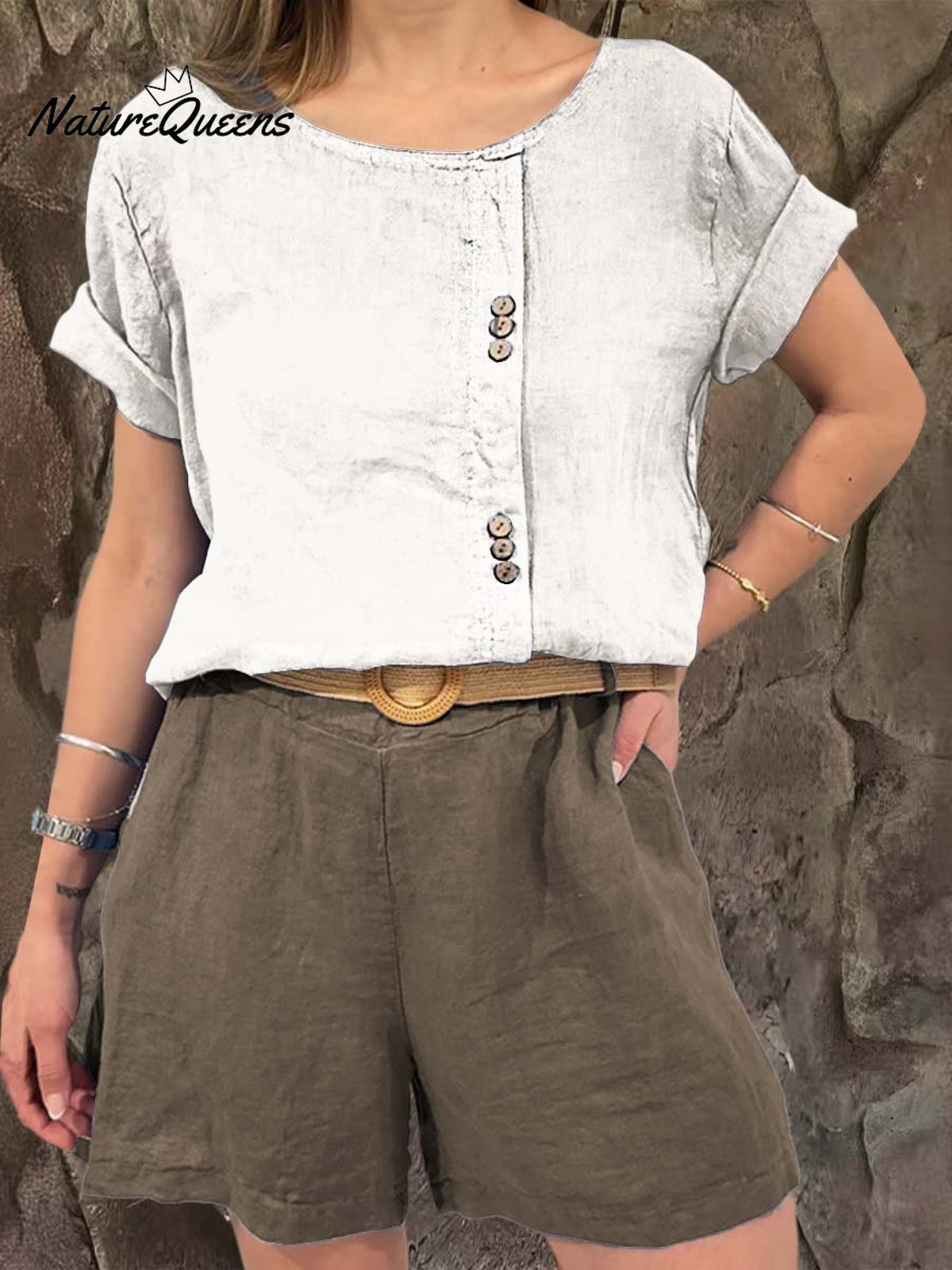 Ladies Round Neck Solid Color Casual Linen Short Sleeve Shirt