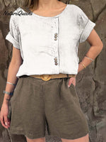 Ladies Round Neck Solid Color Casual Linen Short Sleeve Shirt