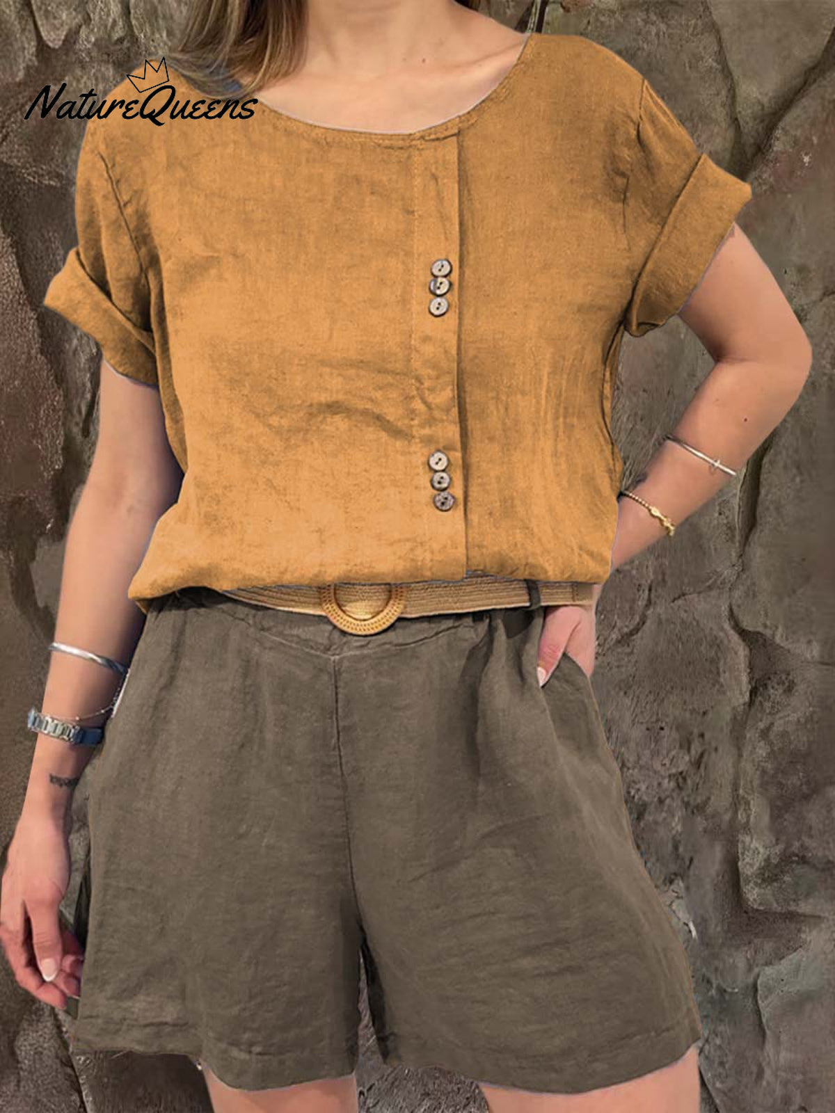 Ladies Round Neck Solid Color Casual Linen Short Sleeve Shirt