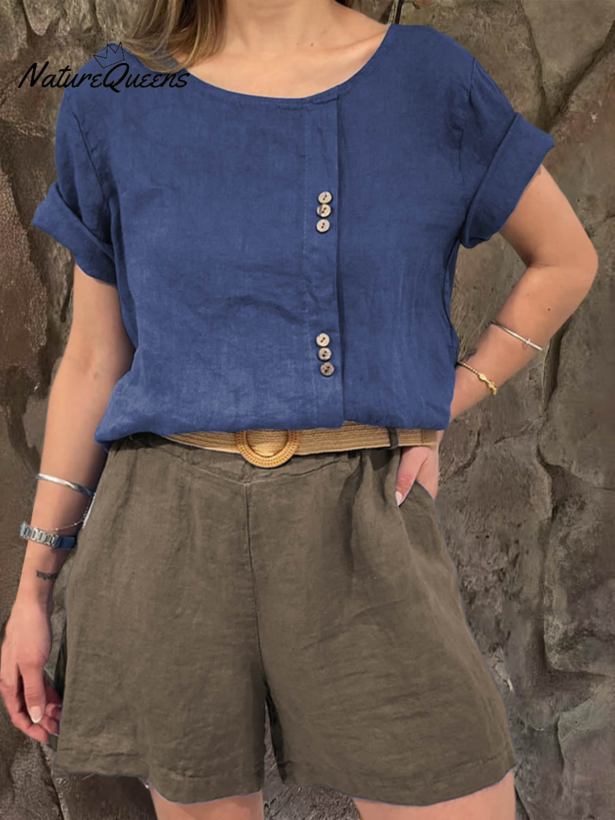 Ladies Round Neck Solid Color Casual Linen Short Sleeve Shirt