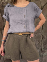 Ladies Round Neck Solid Color Casual Linen Short Sleeve Shirt