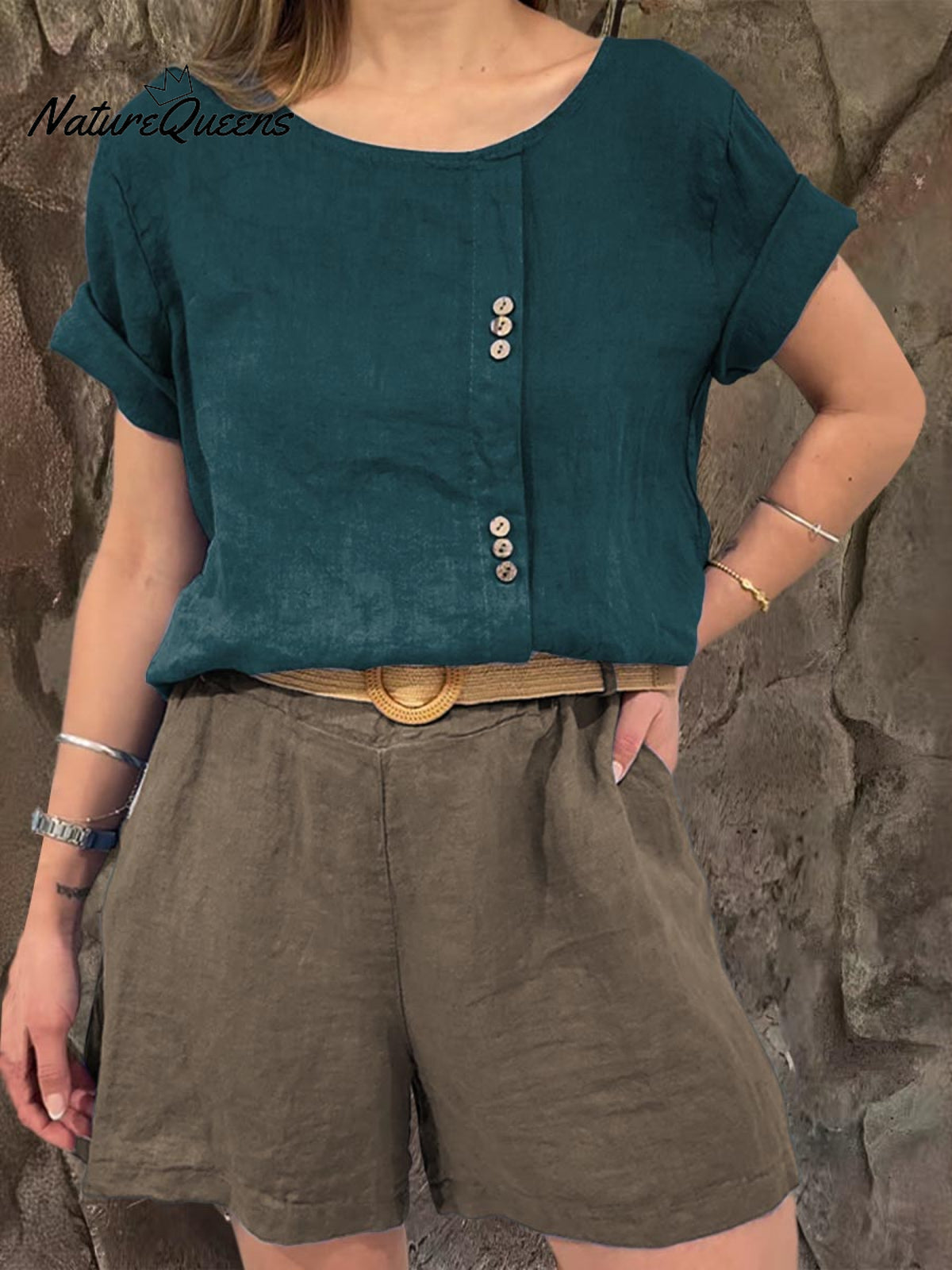 Ladies Round Neck Solid Color Casual Linen Short Sleeve Shirt