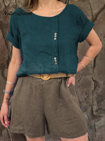 Ladies Round Neck Solid Color Casual Linen Short Sleeve Shirt