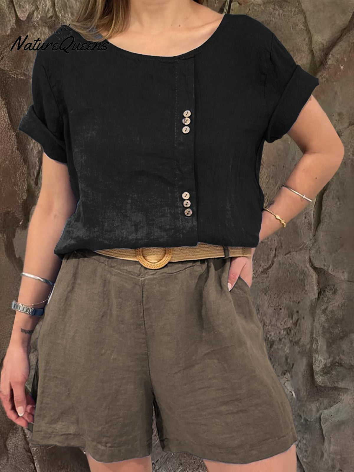 Ladies Round Neck Solid Color Casual Linen Short Sleeve Shirt