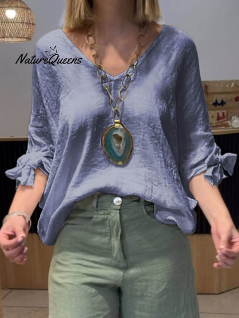 Women's V-neck Solid Color Casual Linen Three-quarter Puff Sleeve Shirt