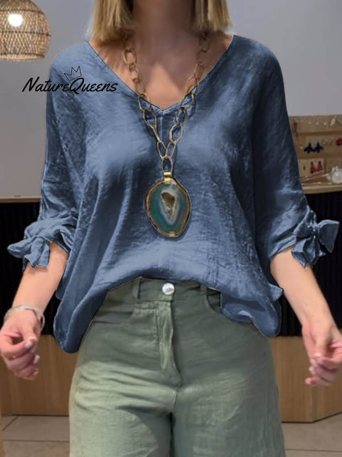 Women's V-neck Solid Color Casual Linen Three-quarter Puff Sleeve Shirt