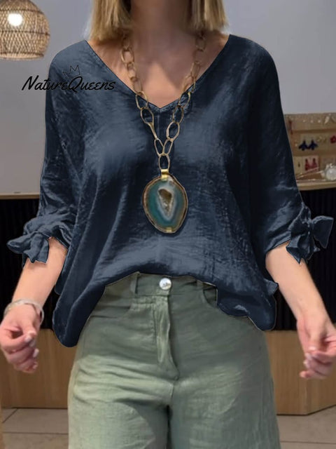 Women's V-neck Solid Color Casual Linen Three-quarter Puff Sleeve Shirt