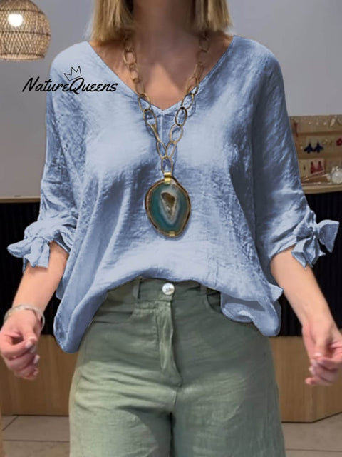 Women's V-neck Solid Color Casual Linen Three-quarter Puff Sleeve Shirt