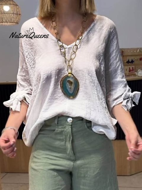 Women's V-neck Solid Color Casual Linen Three-quarter Puff Sleeve Shirt