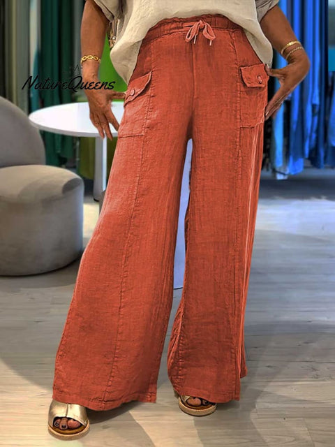 Ladies Lace-up Solid Color Casual Pocket Linen Wide Leg Pants