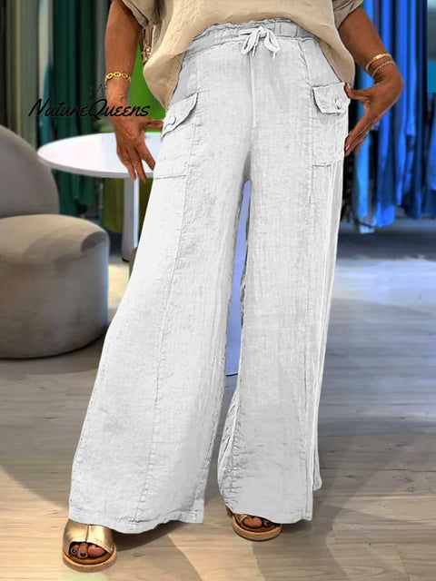 Ladies Lace-up Solid Color Casual Pocket Linen Wide Leg Pants