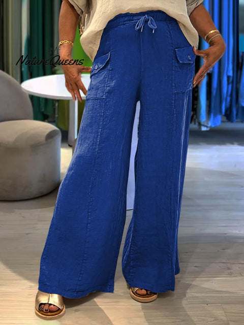 Ladies Lace-up Solid Color Casual Pocket Linen Wide Leg Pants