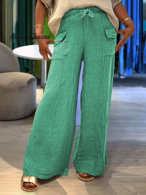 Ladies Lace-up Solid Color Casual Pocket Linen Wide Leg Pants