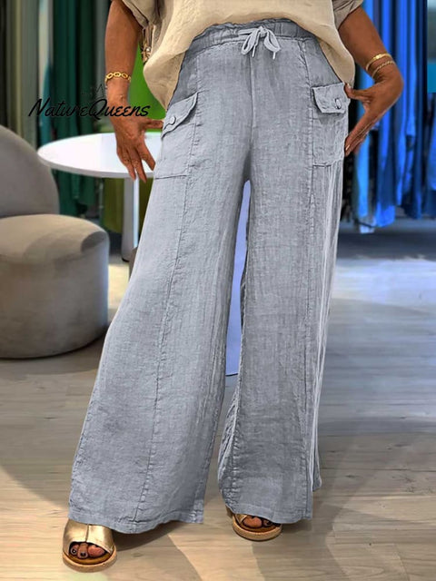 Ladies Lace-up Solid Color Casual Pocket Linen Wide Leg Pants