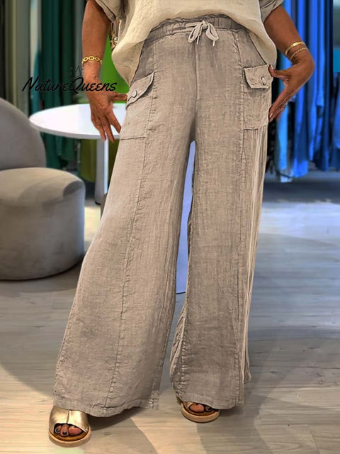 Ladies Lace-up Solid Color Casual Pocket Linen Wide Leg Pants