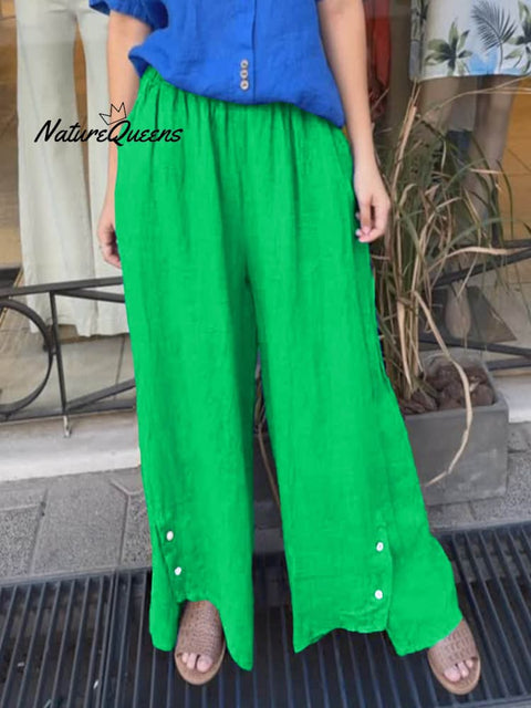 Women's High Waist Solid Color Casual Pocket Linen Wide Leg Pants