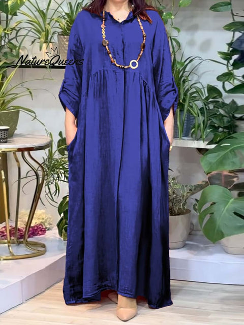 Women's Shirt Collar Solid Pocket Cotton Long Dress