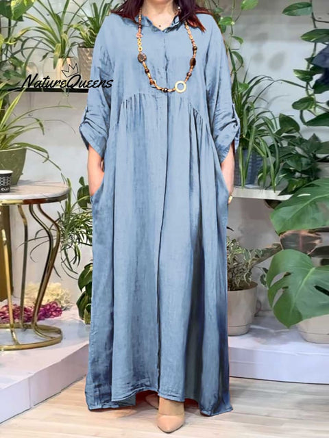 Women's Shirt Collar Solid Pocket Cotton Long Dress