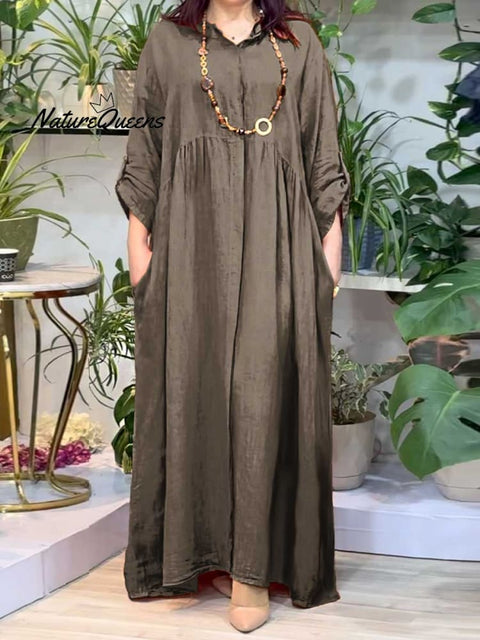 Women's Shirt Collar Solid Pocket Cotton Long Dress