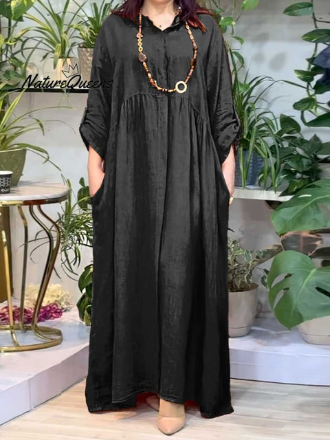 Women's Shirt Collar Solid Pocket Cotton Long Dress