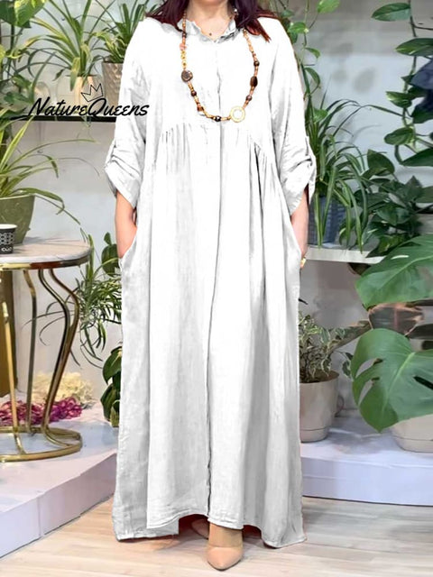 Women's Shirt Collar Solid Pocket Cotton Long Dress