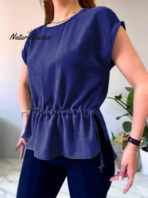 Ladies Round Neck Drawstring Casual Cotton and Linen Short Sleeve Shirt