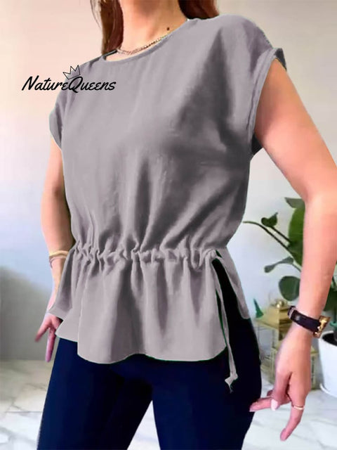 Ladies Round Neck Drawstring Casual Cotton and Linen Short Sleeve Shirt