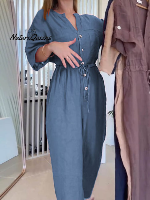 Women's Crew Neck Solid Pockets Drawstring Casual Linen Jumpsuit