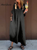 Women's Solid V Neck Pocket Casual Cotton Dress