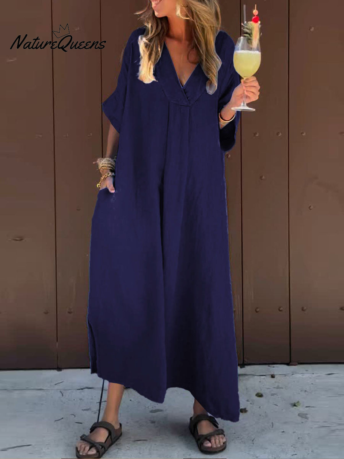 Women's Solid V Neck Pocket Casual Cotton Dress