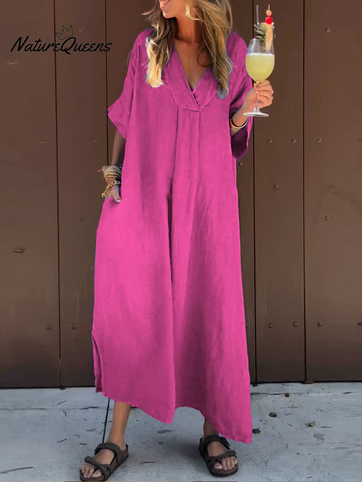 Women's Solid V Neck Pocket Casual Cotton Dress