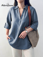 Ladies Solid Color Shirt Collar Three-quarter Sleeves Casual Cotton and Linen Shirt
