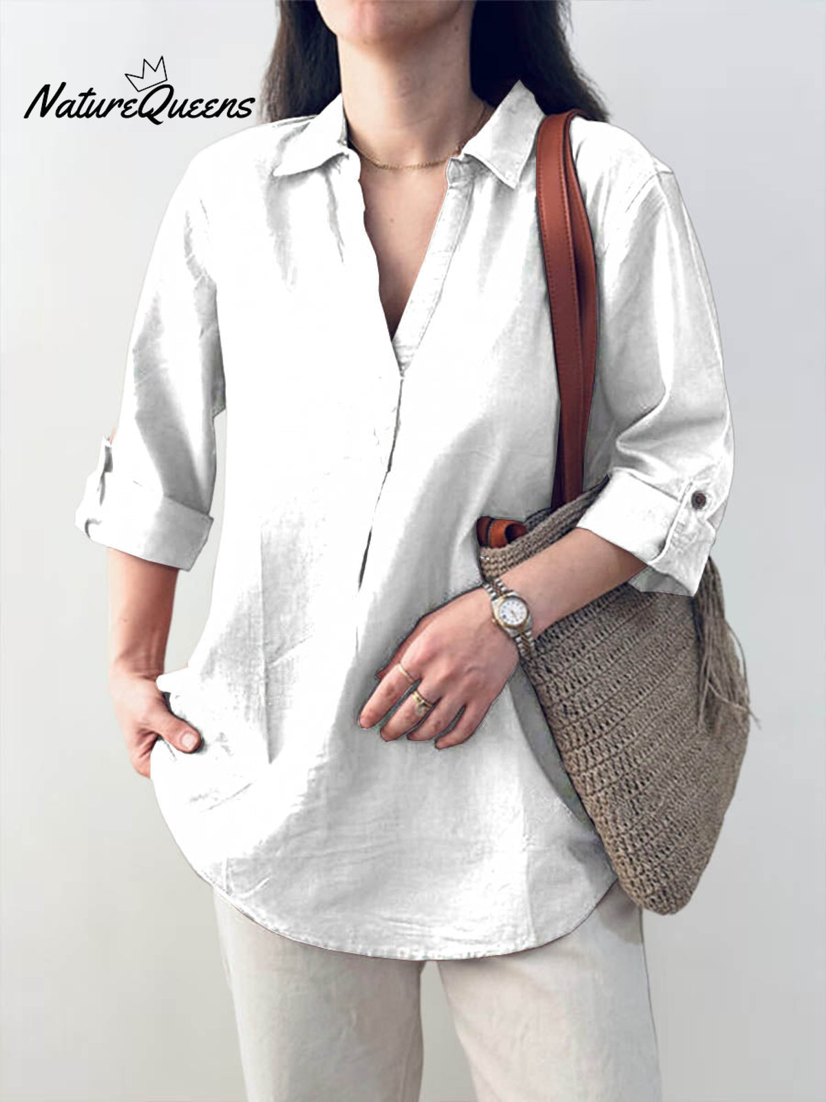 Ladies Solid Color Shirt Collar Three-quarter Sleeves Casual Cotton and Linen Shirt