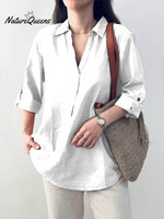 Ladies Solid Color Shirt Collar Three-quarter Sleeves Casual Cotton and Linen Shirt